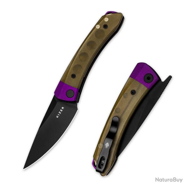 Couteau Kizer Mini Momo PEI Lame Nitro-V Noir Manche Alu/PEI Violet/Jaune IKBS Liner Lock KIV3663A1