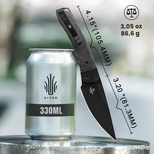 Couteau Kizer Mini Momo Black Lame Acier 154CM Noir Manche Micarta/Alu IKBS Linerlock KIV3663C2