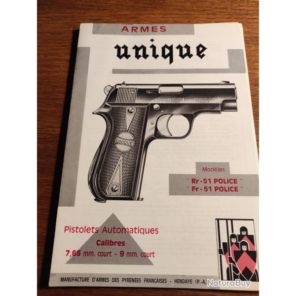 Notice originale neuve pistolet unique  Rr 51 police. Fr 51 police
