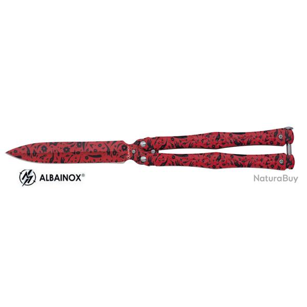 Couteau papillon rouge dcor noir  lame de 10.5 cm