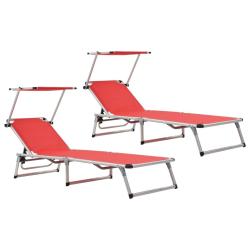 Chaises longues pliables et toit 2pcs aluminium textil&egrave;ne rouge 02_0011959