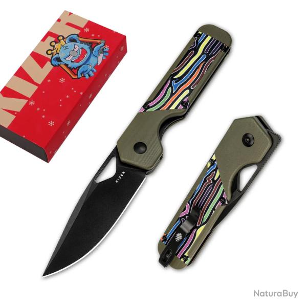 Couteau Kizer Militaw Green Lame Acier Nitro-V Noir Manche G-10 Vert Party Streamers Clip KIV3634A3