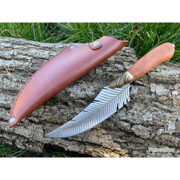 COUTEAU DROIT 26CM LAME PLUME D'OISEAU ETUI CUIR