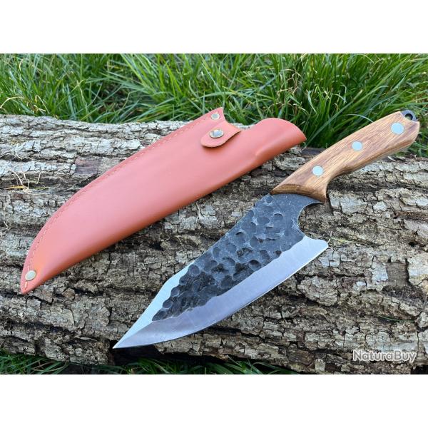 COUTEAU DE DECOUPE 30CM LAME EFFET BRUT ETUI CUIR