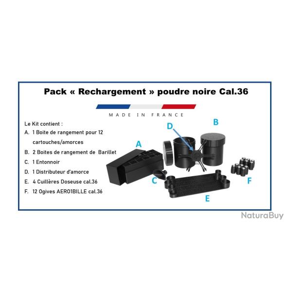 Lot de 2 - Pack rangement cal. 36 bo�te pour barillet, cartouches, 4 cuill�res doseuses poudre noire