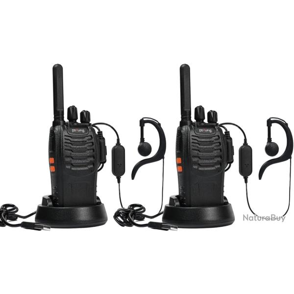 Pack de 2 Talkie-Walkie Batterie 1500 mAh 16 Canaux VOX LCD Oreillette Lampe Ecouteur Charge USB
