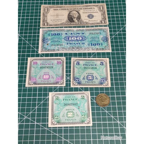 SUPERBE LOT BILLETS DE LA LIBERATION 1944, UNE PIECE 1944 ET UN DOLLAR DE 1935, BILLETS DRAPEAU