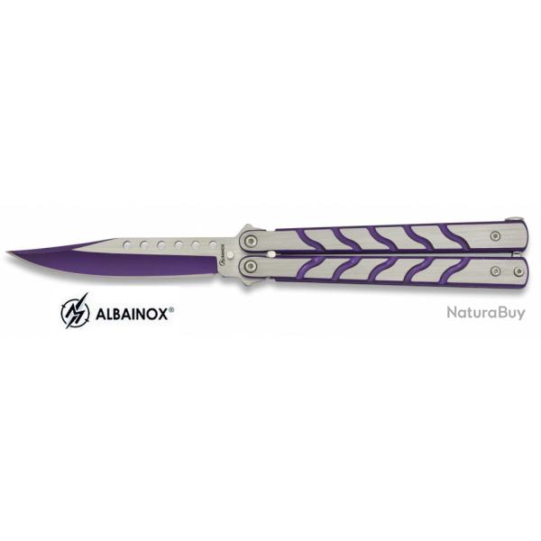 Couteau  papillon  violet et acier  lame de  09.50 cm