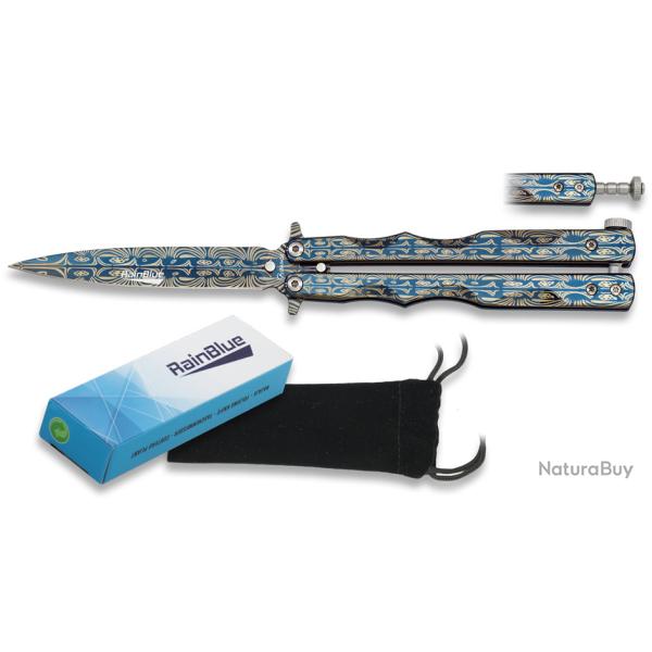 Couteau PAPILLON  � RAINBLUE � d�cor bleu et beige de 9.10 cm