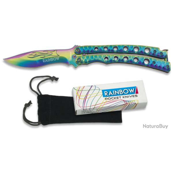 Couteau PAPILLON lame de 10 grav� flamme de 10  � RAINBOW  � couleur Arc en Ciel