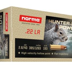 Cartouches Norma 22LR 2.6/40gr Hunter-22 Power HP