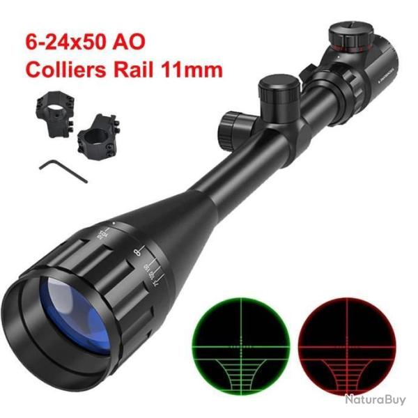 Lunette de Vis�e 6-24X50 Colliers Rail 11mm R�ticule Vert Rouge Tir Loisir Aff�t Tactique