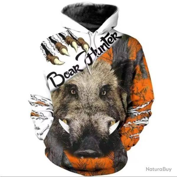 1 sans rserve Sweat Floquer 3D  - chasse sanglier ! Motif 1