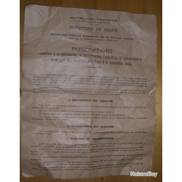 Document Pr�fecture de Paris sur les Masques � gaz
