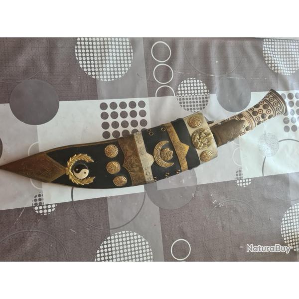 KHUKURI - Couteau GURKHA ANTIQUE du N�PAL avec 2 Couteaux Auxiliaires