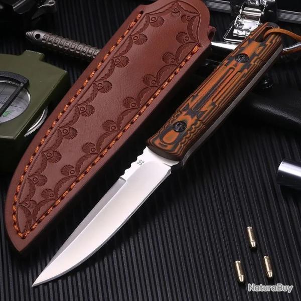Couteau � lame fixe fait � la main en acier D2, manche G10 avec gaine en cuir LIVRAISON GRATUITE