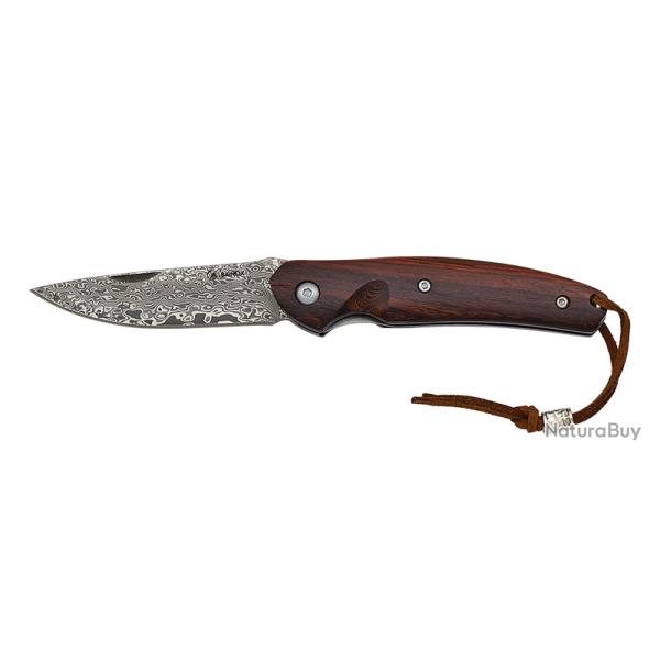 Couteau plian DAMASCUS bois naturel lame de 7 cm