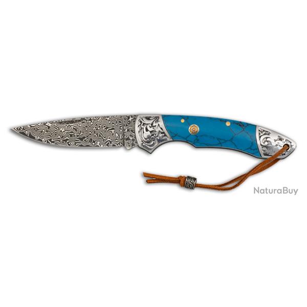 Couteau plian DAMASCUS  manche bleu  lame de 7.50 cm