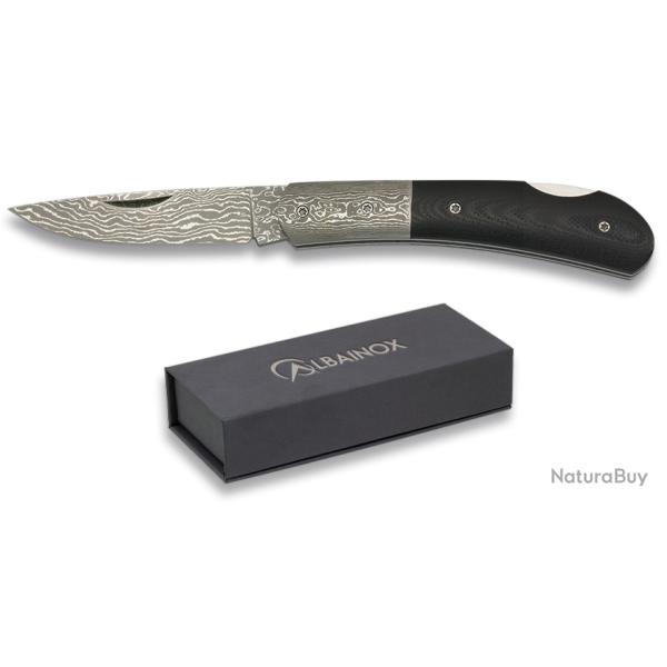 Couteau plian DAMASCUS  manche mikarta noir  lame de 6.40 cm