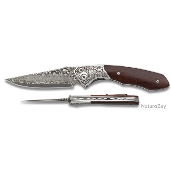 Couteau pliant DAMASCUS  manche bois virole acier  lame de 8.50 cm