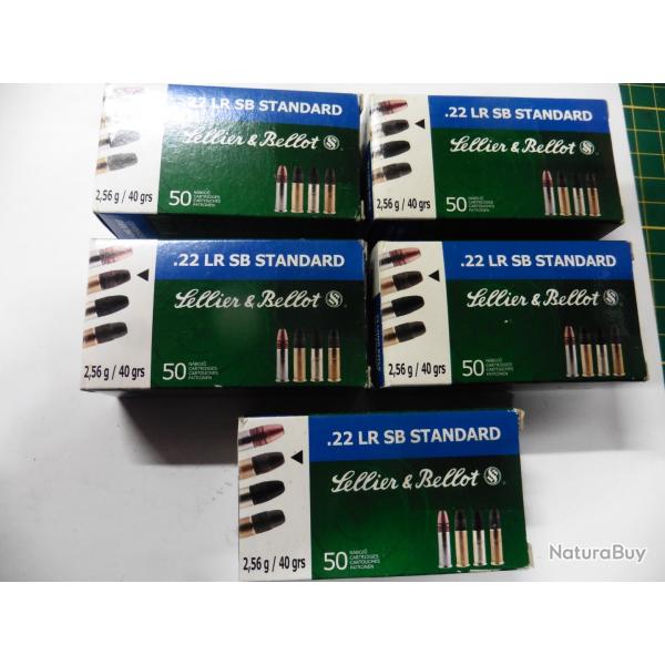 Lot de 5 boites de 50 cartouches Sellier et Bellot - 22 LR  SB Standard - Calibre 22 LR
