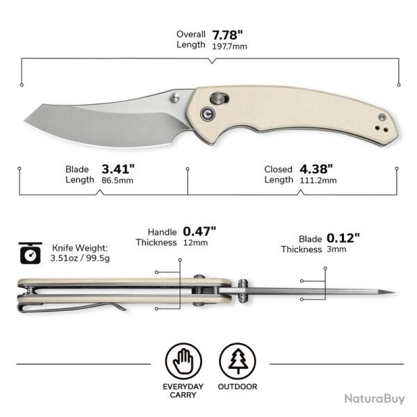 Couteau CIVIVI Sixgill Ivory Lame Reverse Tanto Nitro-V Manche G-10 IKBS Crossbar Lock CIVC240502