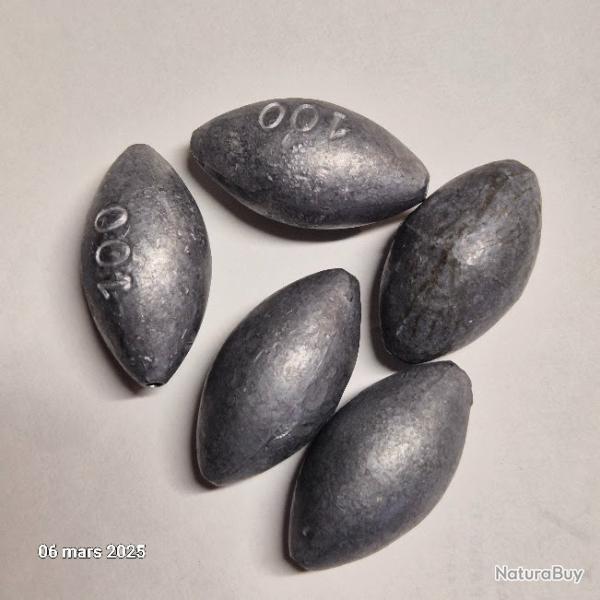 Lot de 5 gros plombs de forme olive, poids identiques