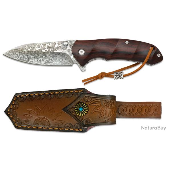 Couteau pliant DAMASCUS  manche en bois  lame de 7.40 cm