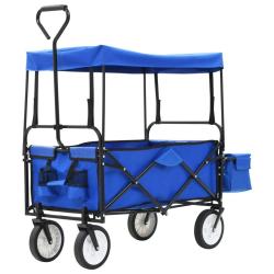 Chariot &agrave; main pliable avec toit Acier Bleu