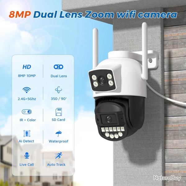 Camera IP Wifi 2 Objectifs 4K/5K PTZ AI Etanche, Modele: 8MP + SD 64GB