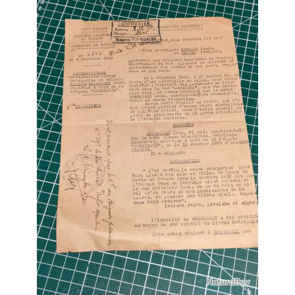1952 RAPPORT SORTIE EN CIVIL D'UN MARIN GENDARMERIE TOULON PERIODE GUERRE D'INDOCHINE