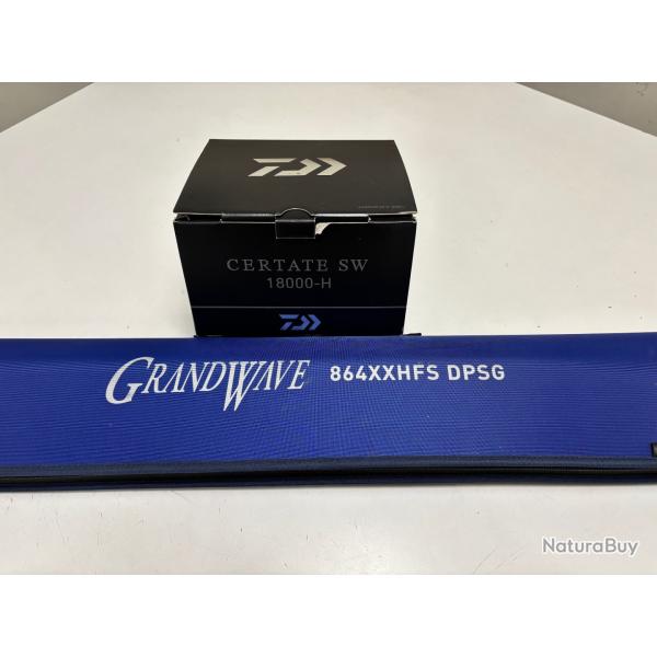 Ensemble Canne Daiwa Travel GrandWave 80Lbs + Moulinet Daiwa Certate SW 18000-H + Tresse Saltiga