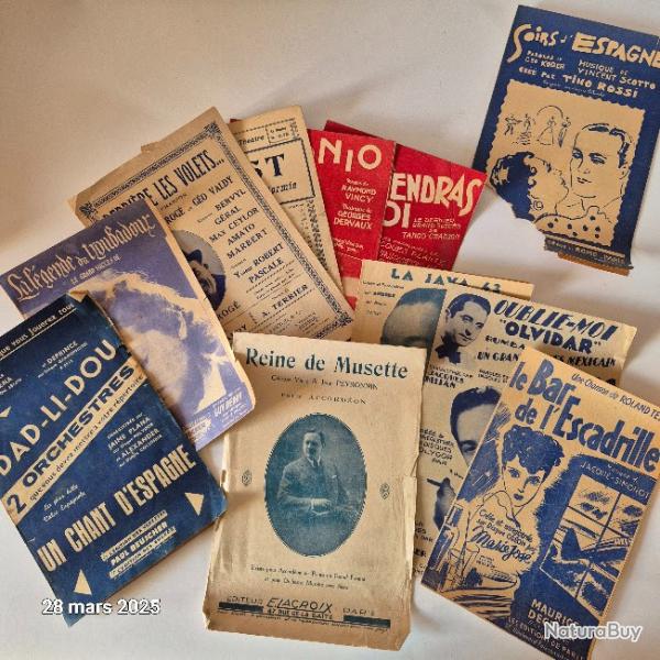 Lot de 10 partitions musicales des annes de 1900  40 , pour musette, accordeon, java