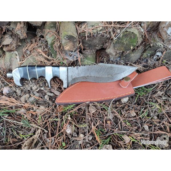 Poignard De Chasse Sub-Hilt Fighter Lame Acier Damas 256 Couches Manche Bois Etui Cuir F Artisanale
