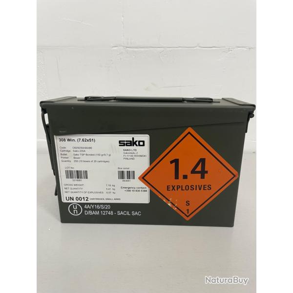 !! NEUF !! BALLE SAKO MILITAIRE CALIBRE 308WIN 150gr OGIVE TSP BONDED PAR 200
