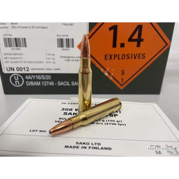 !! NEUF !! BALLE SAKO MILITAIRE CALIBRE 308WIN 150gr OGIVE TSP BONDED PAR 20