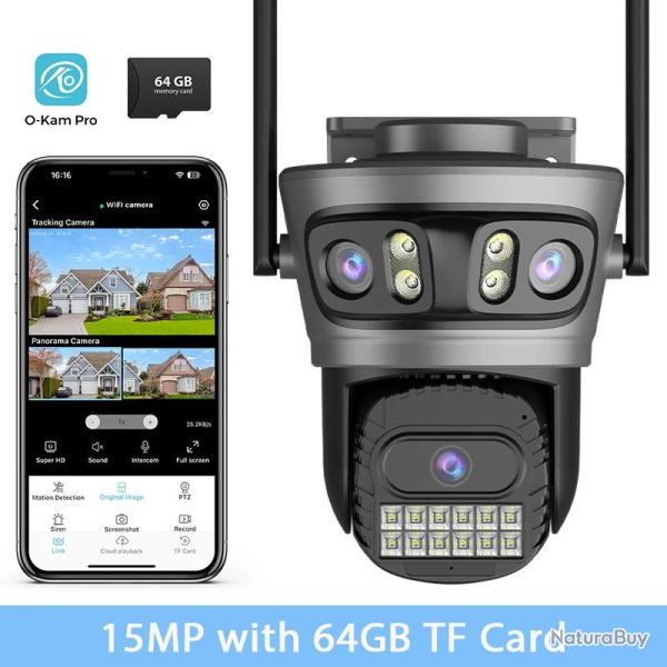 Camera IP Wifi 3 Objectifs PTZ AI Etanche Audio, Modele: 15MP + SD 64GB