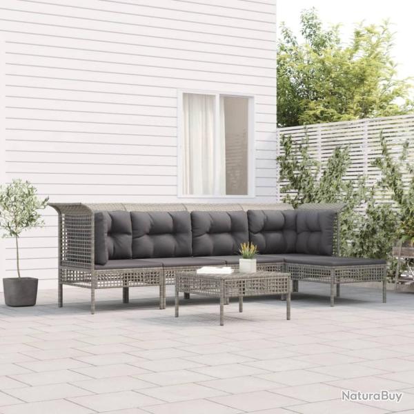 Salon de jardin 6 pcs avec coussins Gris R�sine tress�e alsavelo
