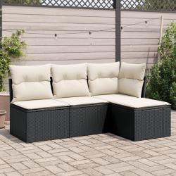 Salon de jardin 4 pcs avec coussins noir r&eacute;sine tress&eacute;e