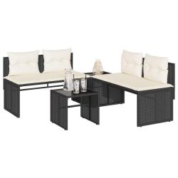 Salon de jardin 4 pcs avec coussins noir r&eacute;sine tress&eacute;e