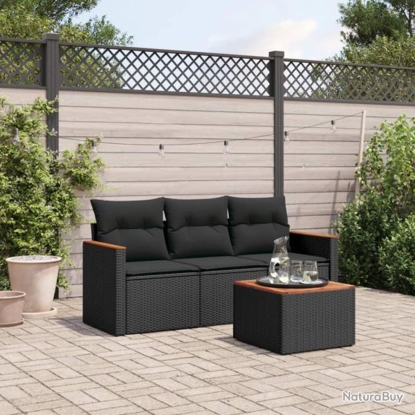 Salon de jardin 4 pcs avec coussins noir r�sine tress�e