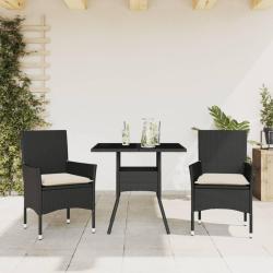 Ensemble &agrave; manger de jardin et coussins 3 pcs noir rotin verre alsavelo