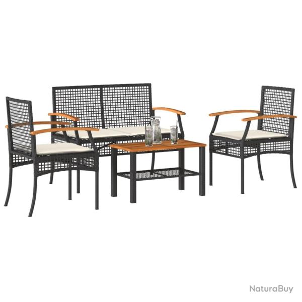 Salon de jardin 4 pcs avec coussins Noir R�sine tress�e