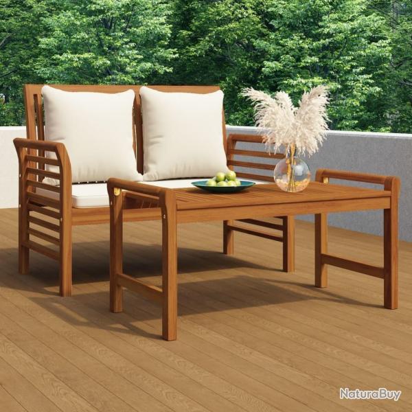 Salon de jardin avec coussins blanc cr�me 2 pcs Bois massif