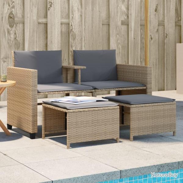Canap� de jardin 2 places avec table et tabourets beige rotin alsavelo
