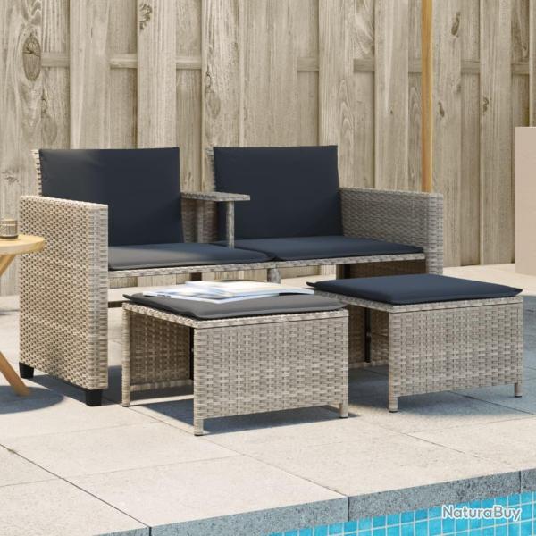Canap� de jardin 2 places avec table tabourets gris clair rotin