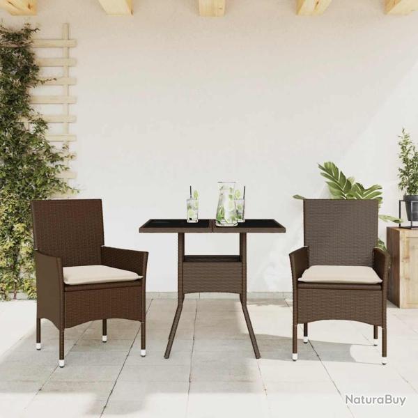 Ensemble � manger de jardin et coussins 3pcs marron rotin verre alsavelo
