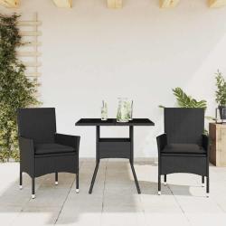 Ensemble &agrave; manger de jardin et coussins 3 pcs noir rotin verre alsavelo