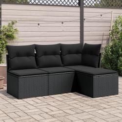 Salon de jardin 4 pcs avec coussins noir r&eacute;sine tress&eacute;e