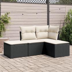 Salon de jardin 4 pcs avec coussins noir r&eacute;sine tress&eacute;e